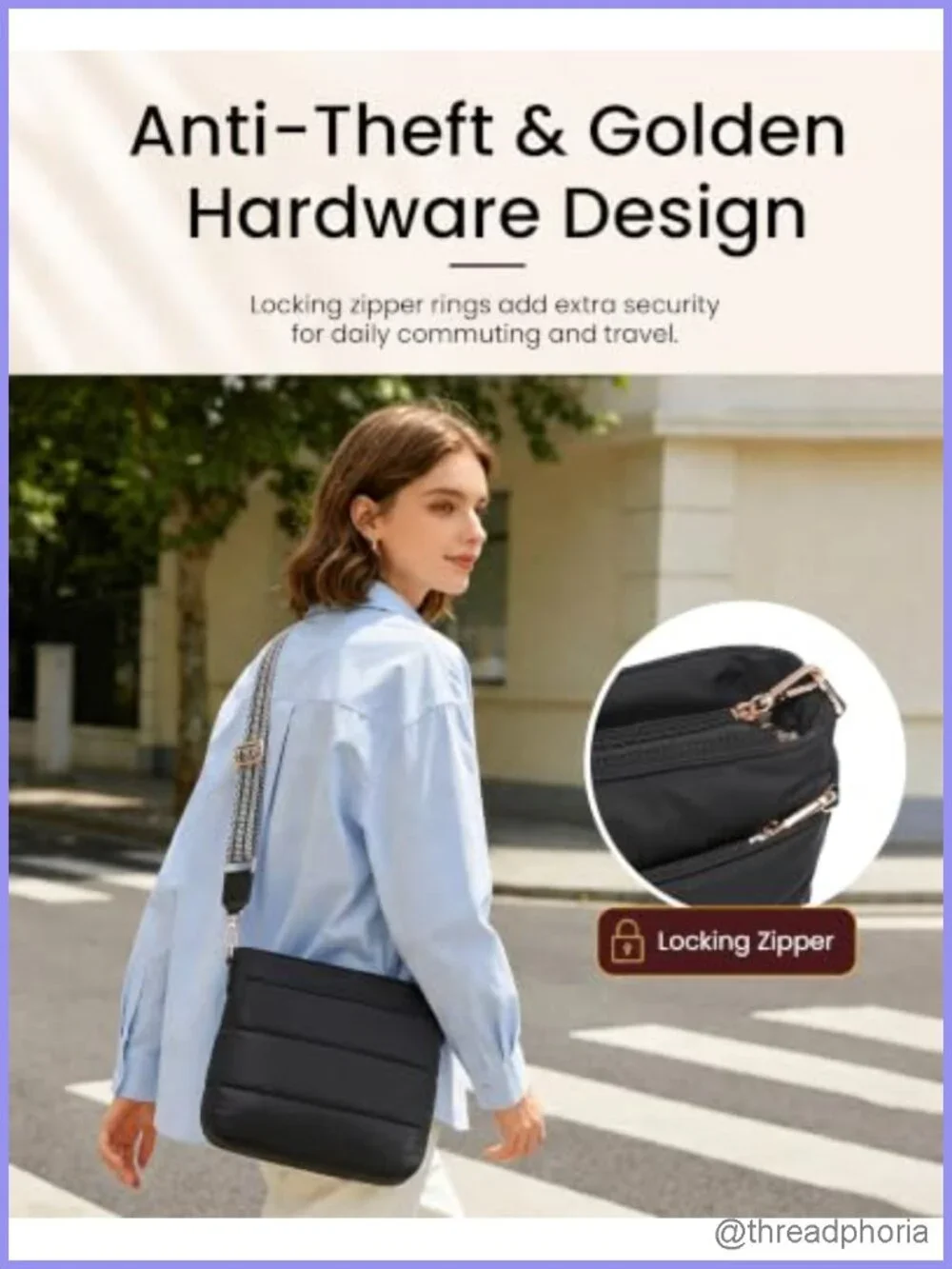 anti theft crossbody bag RFID blocking puffer quilted nylon women small